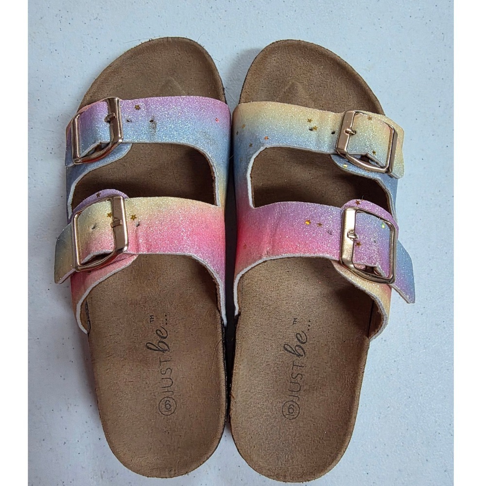 Just Be Rainbow Glitter Star Slides Sandals Size 6 Cork Footbed Buckle